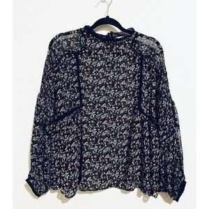Zara Top Womens Large Black Floral Chiffon Pleated Puffy Sleeve Sheer Romantic